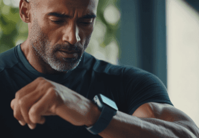 Midcent presenterar en person som fokuserar på sin smartklocka, vilket symboliserar modern teknik och hälsa. Denna bild fångar en aktiv livsstil och användningen av digitala lösningar för att övervaka personligt välbefinnande. Kategori: Hälsa.