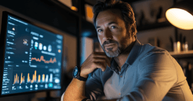 Midcent: Fokuserad affärsman vid datorn med grafer på skärmen, omgiven av modernt kontorsljus. Perfekt miljö för strategisk beslutsfattande och dataanalys. Kategori: Ekonomi.