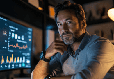 Midcent: Fokuserad affärsman vid datorn med grafer på skärmen, omgiven av modernt kontorsljus. Perfekt miljö för strategisk beslutsfattande och dataanalys. Kategori: Ekonomi.