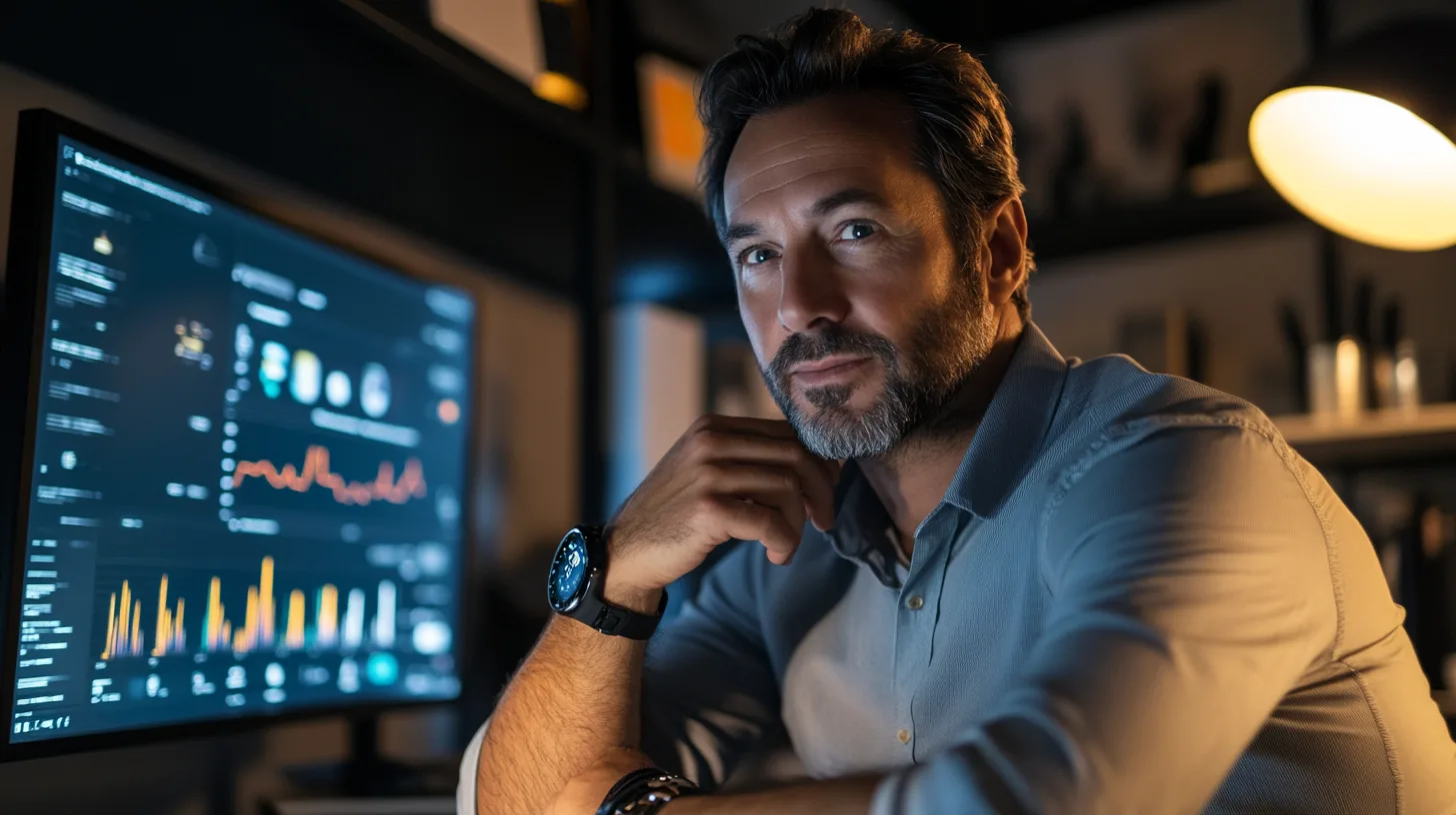 Midcent: Fokuserad affärsman vid datorn med grafer på skärmen, omgiven av modernt kontorsljus. Perfekt miljö för strategisk beslutsfattande och dataanalys. Kategori: Ekonomi.