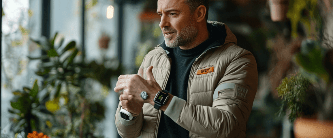 En man med trendig jacka och smartklocka står omgiven av grönska i ett inomhusmiljö. Han verkar engagera sig i en konversation, vilket ger en avslappnad men stilfull scen. Midcent - Samhälle.