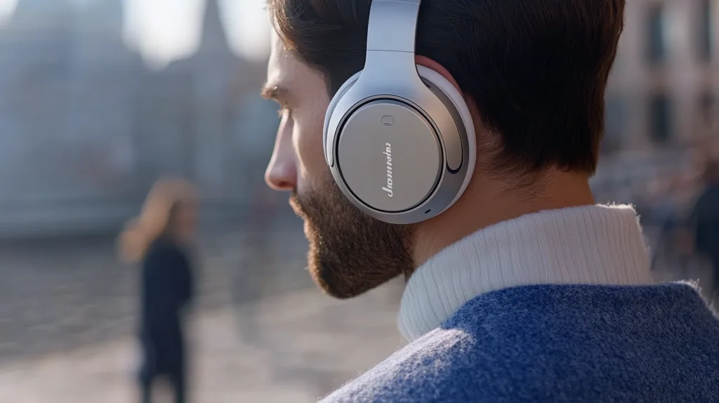 Man med hörlurar fokuserar på musikupplevelse i urban miljö. Modern design för optimal ljudkvalitet och stil. Perfekt för pendlare och ljudentusiaster. Midcent. Kategori: Teknik.