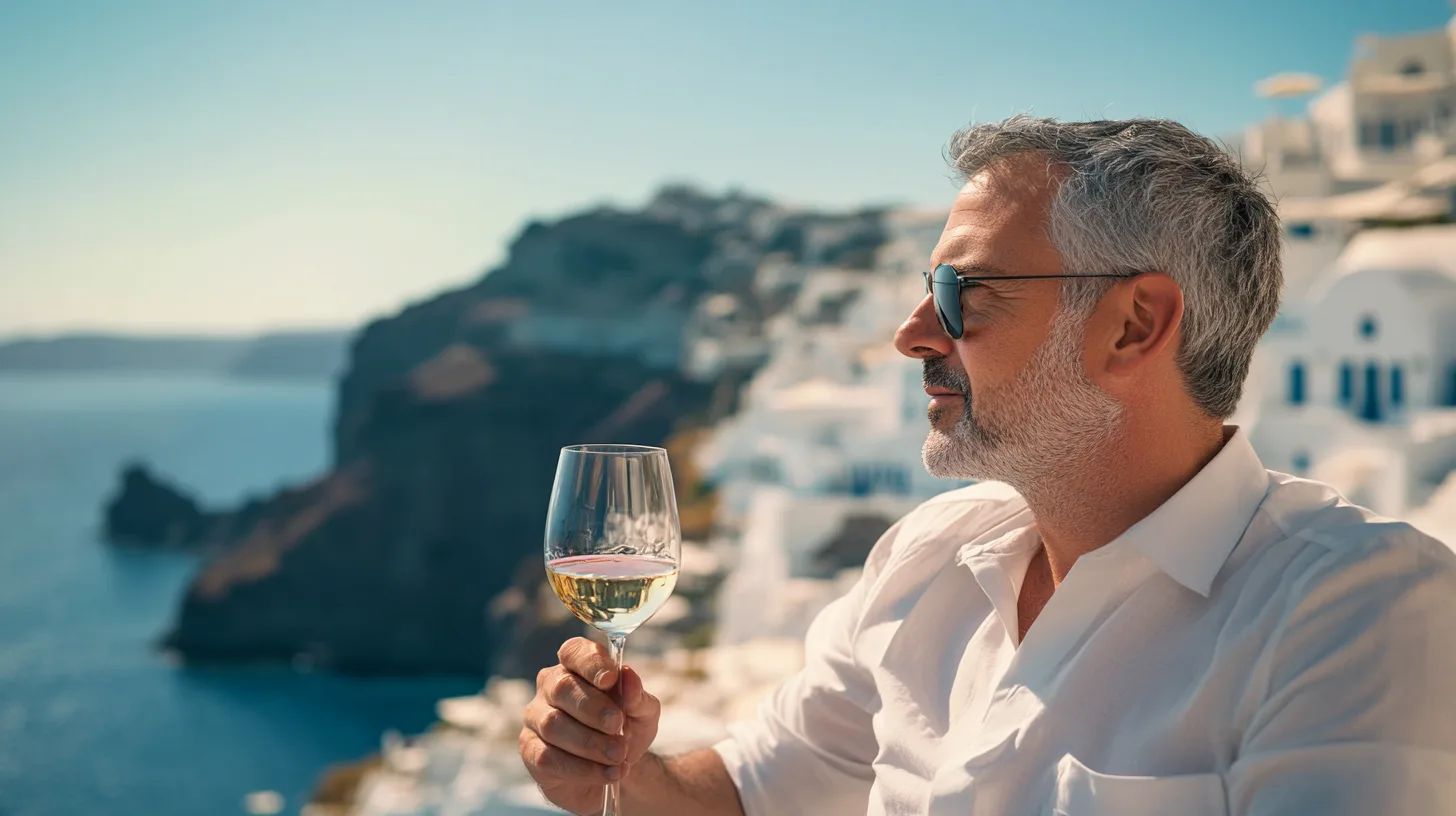 Man njuter av ett glas vin med utsikt över havet och vitkalkade byggnader i Santorini, Grekland. Solglasögon och en lätt sommarklädsel kompletterar den avslappnade semestern. Midcent. Kategori: Resa.
