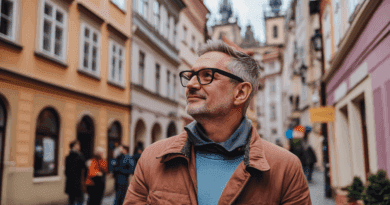 En man strosar genom en charmig gatamiljö med historisk arkitektur och njuter av omgivningen. Perfekt för en avkopplande stadsresa med fokus på kultur och historia. Upptäck atmosfären med Midcent. Kategori: Resa.