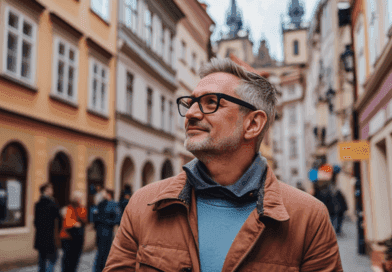 En man strosar genom en charmig gatamiljö med historisk arkitektur och njuter av omgivningen. Perfekt för en avkopplande stadsresa med fokus på kultur och historia. Upptäck atmosfären med Midcent. Kategori: Resa.