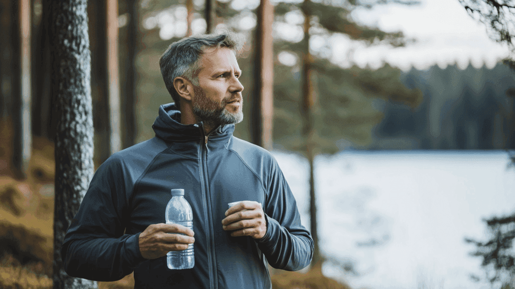 Midcent: En man i en sportig jacka dricker vatten under en vandring i skogen, vilket fångar essensen av friluftsliv och avkoppling. Natur och hälsa går hand i hand för en balanserad livsstil. Kategori: Hälsa.