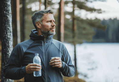 Midcent: En man i en sportig jacka dricker vatten under en vandring i skogen, vilket fångar essensen av friluftsliv och avkoppling. Natur och hälsa går hand i hand för en balanserad livsstil. Kategori: Hälsa.