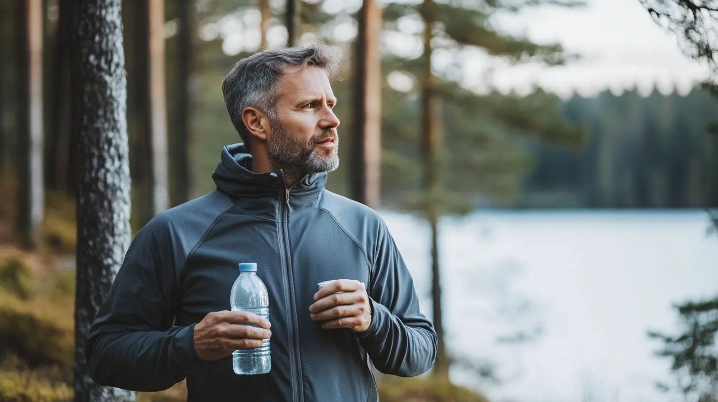 Midcent: En man i en sportig jacka dricker vatten under en vandring i skogen, vilket fångar essensen av friluftsliv och avkoppling. Natur och hälsa går hand i hand för en balanserad livsstil. Kategori: Hälsa.