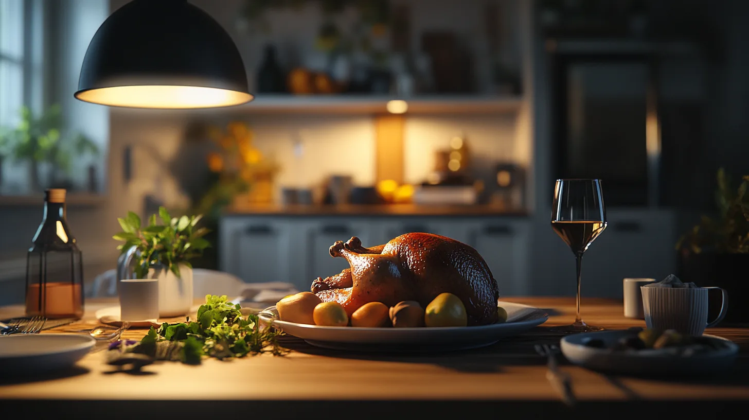 Midcent: En välsmakande, hemlagad middag med en gyllenbrun, saftig kyckling serverad med färska grönsaker, uppdukad i ett elegant kök. Perfekta detaljer för en inbjudande matupplevelse. Mat.