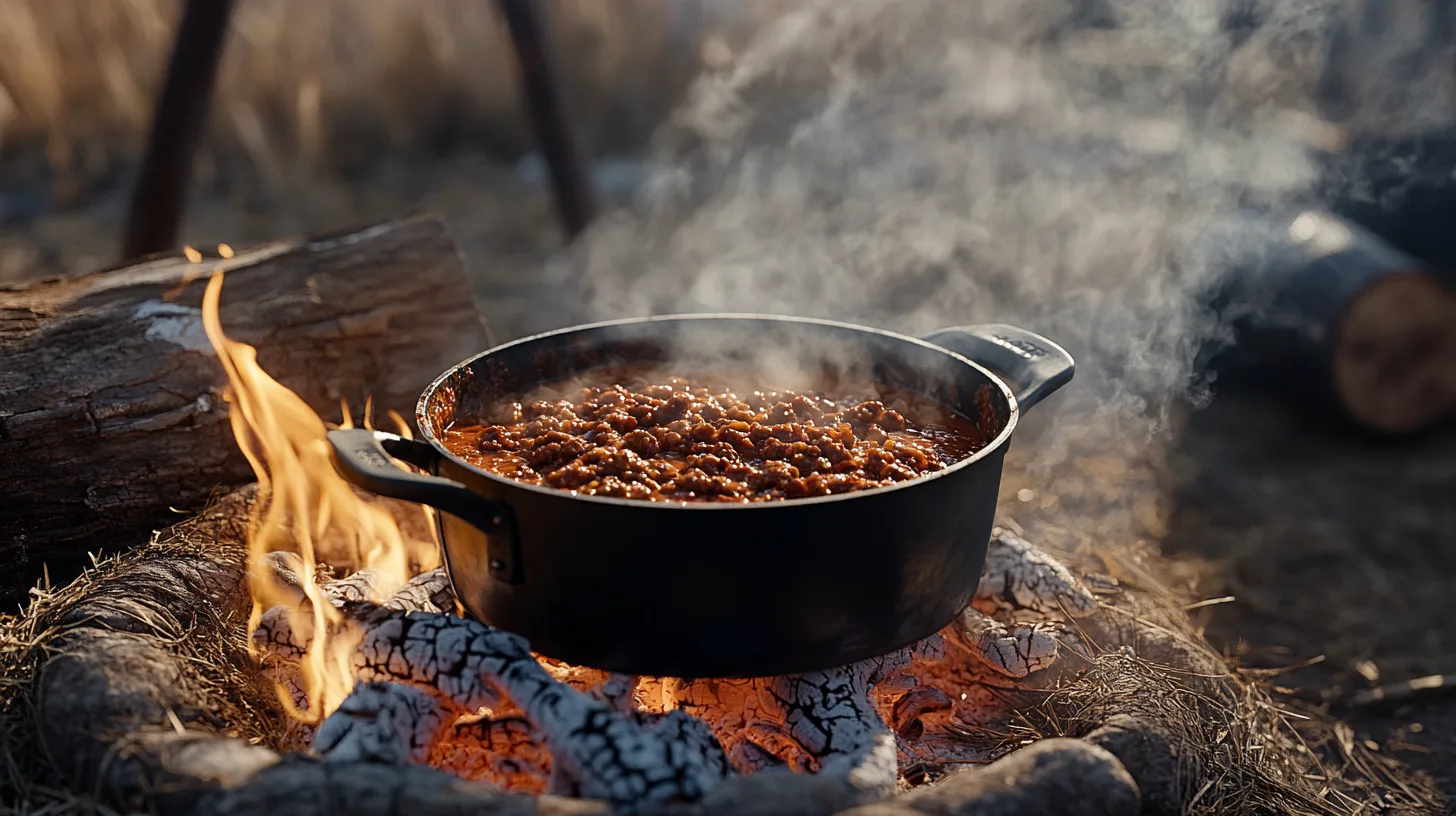 En läcker chili tillagas över öppen eld i en rustik gryta, vilket skapar en autentisk och smakrik matupplevelse utomhus. Perfekt för friluftsentusiaster och matälskare. Upptäck Midcents värld av friluftsmatlagning. Kategori: Mat.