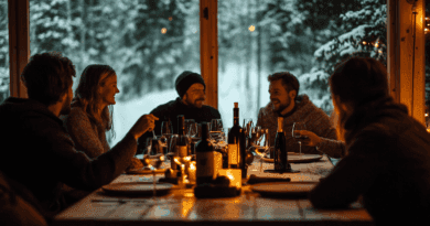 Midcent: Vintermiddag i mysig stuga, omgiven av snötäckt landskap. Harmonisk atmosfär med vänner, vin och ljus. Perfekt för avkopplande stunder och socialt umgänge. Bilder av gemenskap och trivsamhet. /Kategori: Mat.
