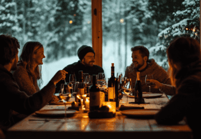 Midcent: Vintermiddag i mysig stuga, omgiven av snötäckt landskap. Harmonisk atmosfär med vänner, vin och ljus. Perfekt för avkopplande stunder och socialt umgänge. Bilder av gemenskap och trivsamhet. /Kategori: Mat.