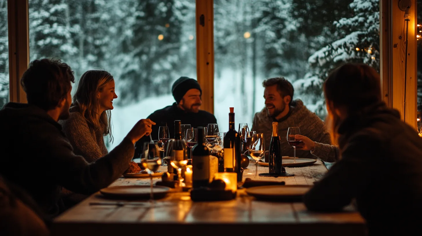 Midcent: Vintermiddag i mysig stuga, omgiven av snötäckt landskap. Harmonisk atmosfär med vänner, vin och ljus. Perfekt för avkopplande stunder och socialt umgänge. Bilder av gemenskap och trivsamhet. /Kategori: Mat.