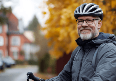 Ett glatt, äldre par cyklar genom en naturskön höstmiljö med gula löv och röda byggnader i bakgrunden, vilket utstrålar hälsa och livsglädje. Bilden ingår i kategorin hälsa. Midcent: Hälsa.