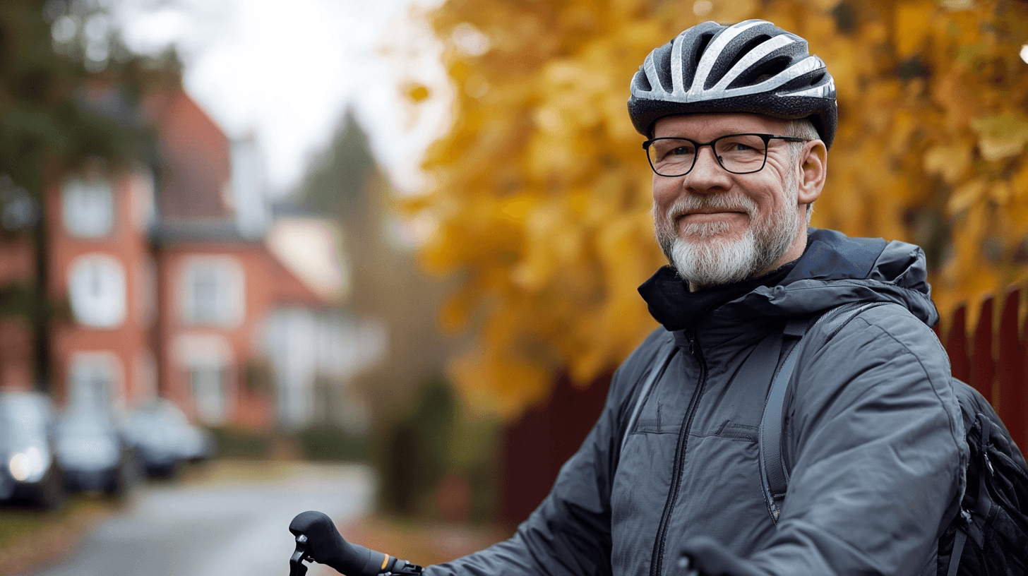 Ett glatt, äldre par cyklar genom en naturskön höstmiljö med gula löv och röda byggnader i bakgrunden, vilket utstrålar hälsa och livsglädje. Bilden ingår i kategorin hälsa. Midcent: Hälsa.
