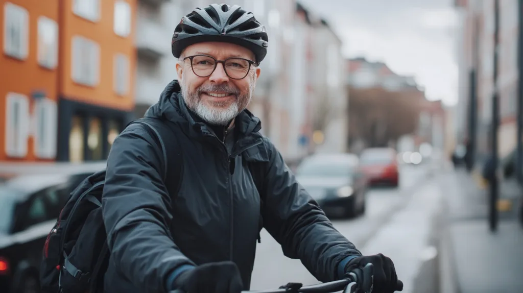 Midcent: En manlig cyklist i en urban miljö, klädd i hjälm och jacka, ler mot kameran. Stadsbakgrunden antyder en aktiv livsstil. Perfekt för hälsa- och fritidsrelaterat innehåll. Kategori: Hälsa.