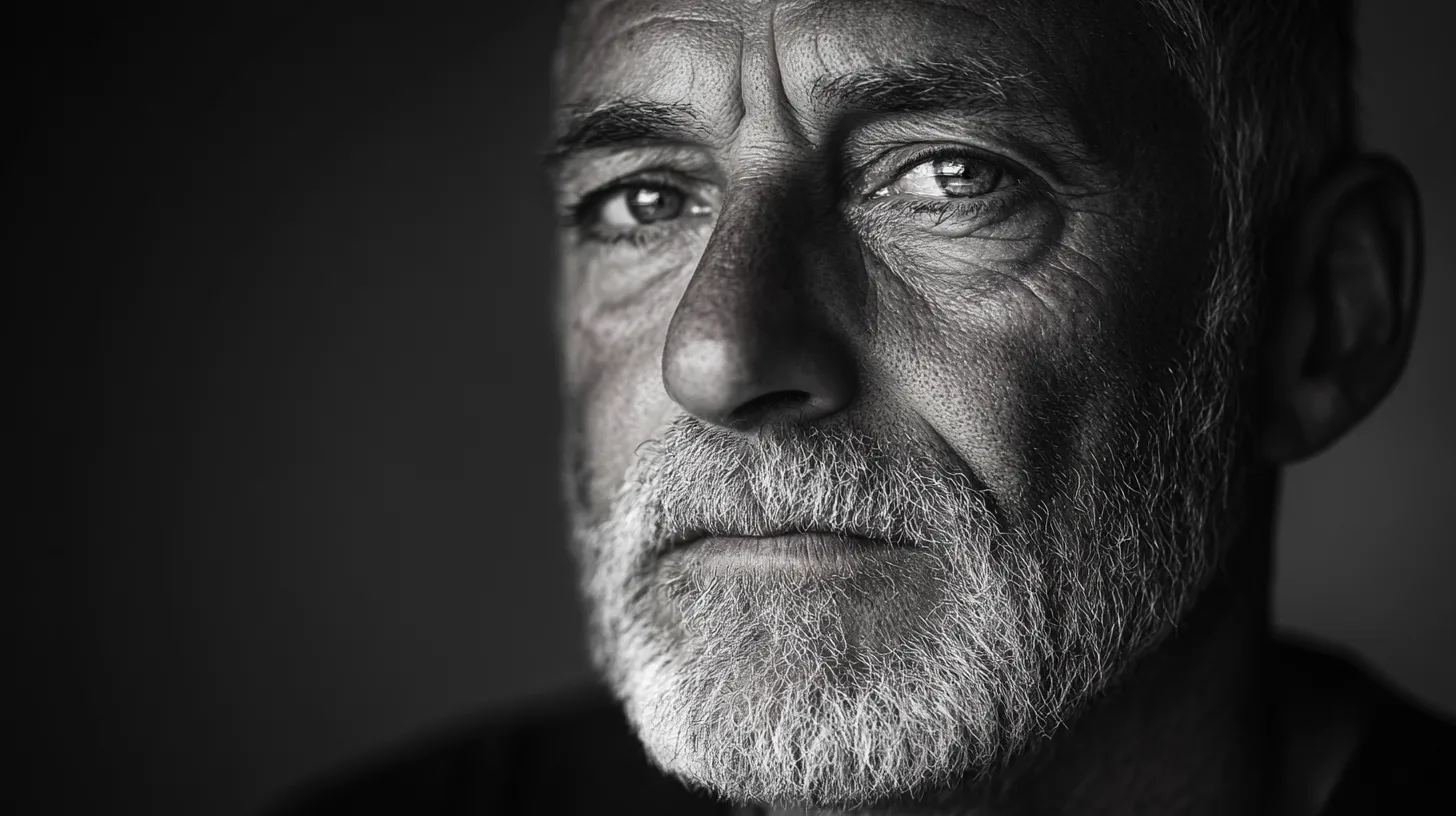 Svartvitt porträtt av en äldre man med intensiv blick och skägg, fångar djupa känslor och livserfarenhet. Midcent. Kategori: Samhälle.