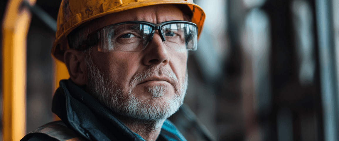 En erfaren byggarbetare med skyddshjälm och glasögon fokuserar på sitt arbete. Bilden fångar yrkesmässig dedikation och säkerhet i byggindustrin. Perfekt för att illustrera arbetsmiljö och byggnadsprojekt.Midcent: Samhälle.