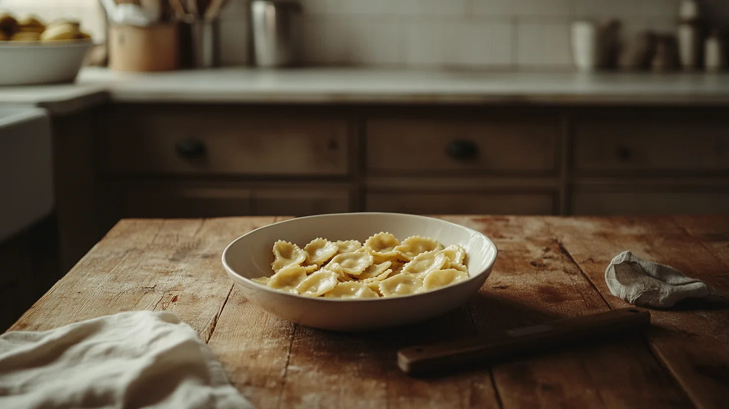 Bilden visar en rustik köksmiljö med en skål fylld av färska ravioli på ett träbord. Perfekt för pastaälskare som söker inspiration för hemlagad mat. Midcent. Kategori: Mat.