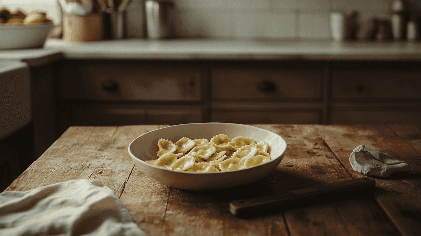 Bilden visar en rustik köksmiljö med en skål fylld av färska ravioli på ett träbord. Perfekt för pastaälskare som söker inspiration för hemlagad mat. Midcent. Kategori: Mat.