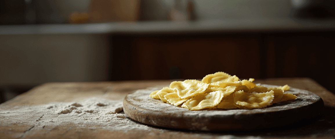 Midcent: Hemmagjord pasta på rustik skärbräda i kök, med mjöl som dekoration. Perfekt för den som älskar att laga mat från grunden och njuta av genuina smaker. Inspirerar till kreativ matlagning. Kategori: Mat.