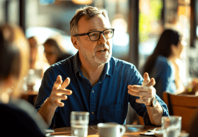 På bilden syns en man i glasögon och jeansskjorta engagerat diskuterande i en livlig caféatmosfär. Personen verkar uttrycka viktiga idéer. Perfekt för innehåll kring socialt samspel och kommunikation.Midcent – Samhälle.