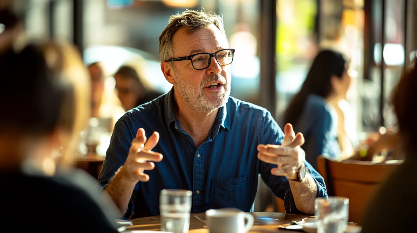 På bilden syns en man i glasögon och jeansskjorta engagerat diskuterande i en livlig caféatmosfär. Personen verkar uttrycka viktiga idéer. Perfekt för innehåll kring socialt samspel och kommunikation.Midcent – Samhälle.