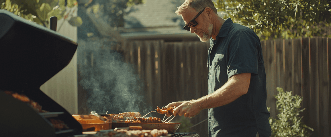 Midcent: En man njuter av en solig dag i trädgården medan han grillar saftiga rätter på en traditionell kolgrill. Perfekt för sociala sammankomster och familjemåltider utomhus. Kategorin: Mat.