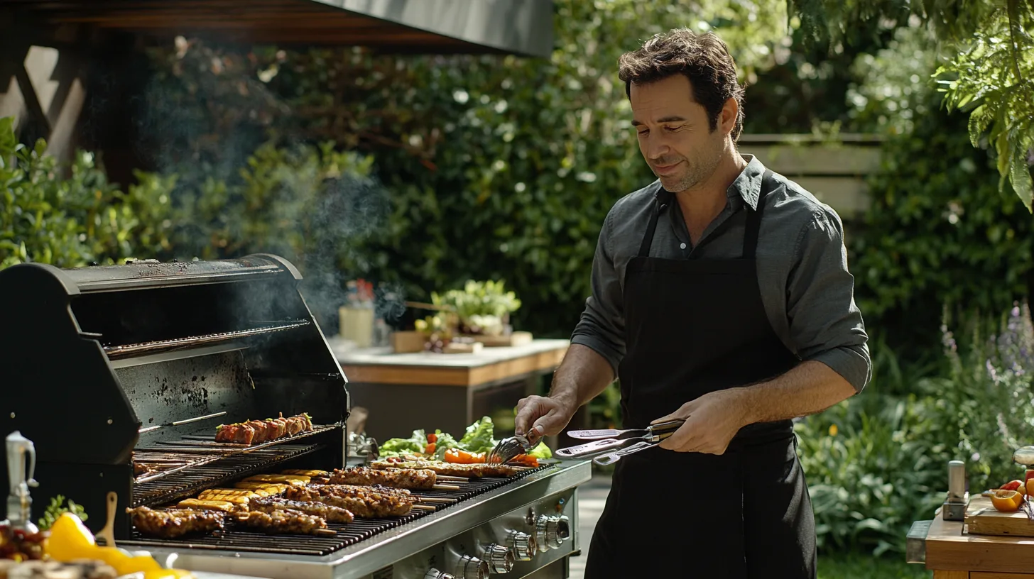En man i grå skjorta och förkläde står vid en grill utomhus, omgiven av grönska. Han hanterar grillverktyg och olika livsmedel tillagas. Midcent Mat.