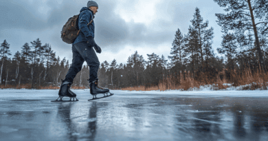 Midcent: En imponerande vinterlandskap med en person som åker skridskor på en frusen sjö, omgiven av skog. Den perfekta aktiviteten för kalla, klara dagar. Sport.