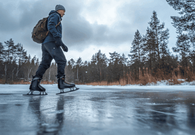 Midcent: En imponerande vinterlandskap med en person som åker skridskor på en frusen sjö, omgiven av skog. Den perfekta aktiviteten för kalla, klara dagar. Sport.