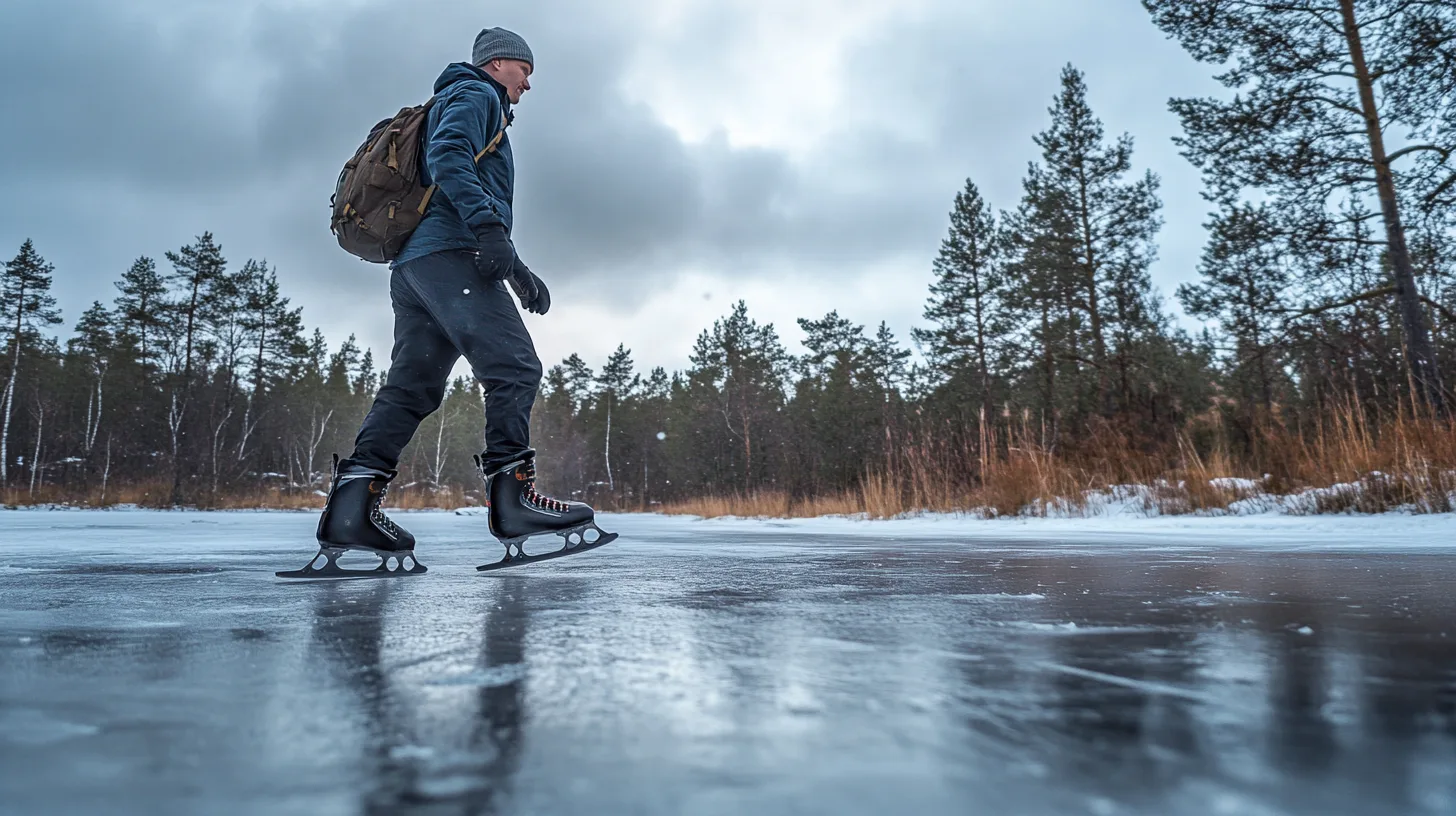 Midcent: En imponerande vinterlandskap med en person som åker skridskor på en frusen sjö, omgiven av skog. Den perfekta aktiviteten för kalla, klara dagar. Sport.