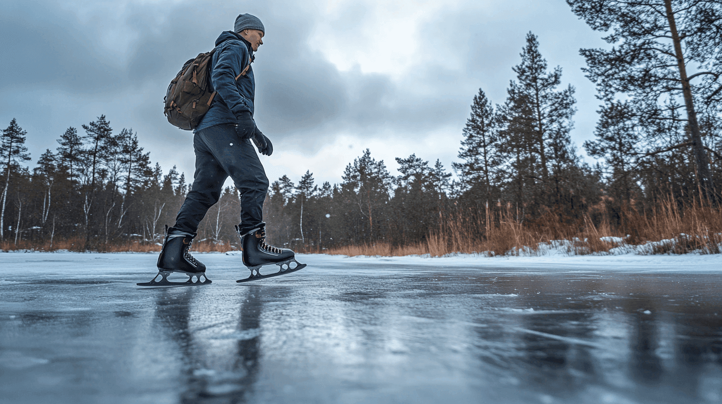 Midcent: En imponerande vinterlandskap med en person som åker skridskor på en frusen sjö, omgiven av skog. Den perfekta aktiviteten för kalla, klara dagar. Sport.