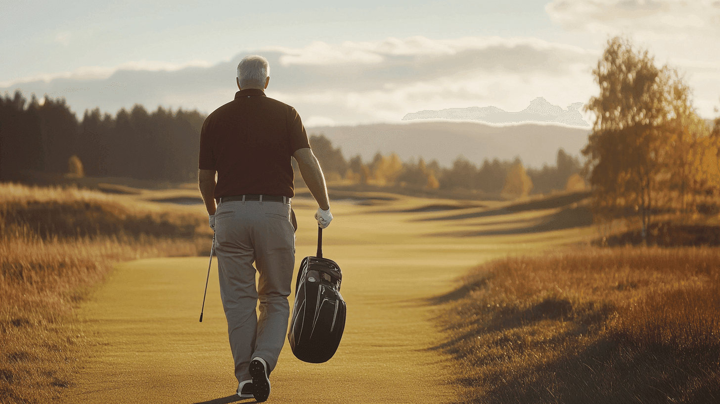 Midcent - SportÄldre man går på en vacker golfbana med klubbor i handen, omgiven av höstfärger och gyllene solnedgång. Perfekt för den golfintresserade som söker inspiration, avkoppling och friluftsliv. Idealisk destination för höstgolf.