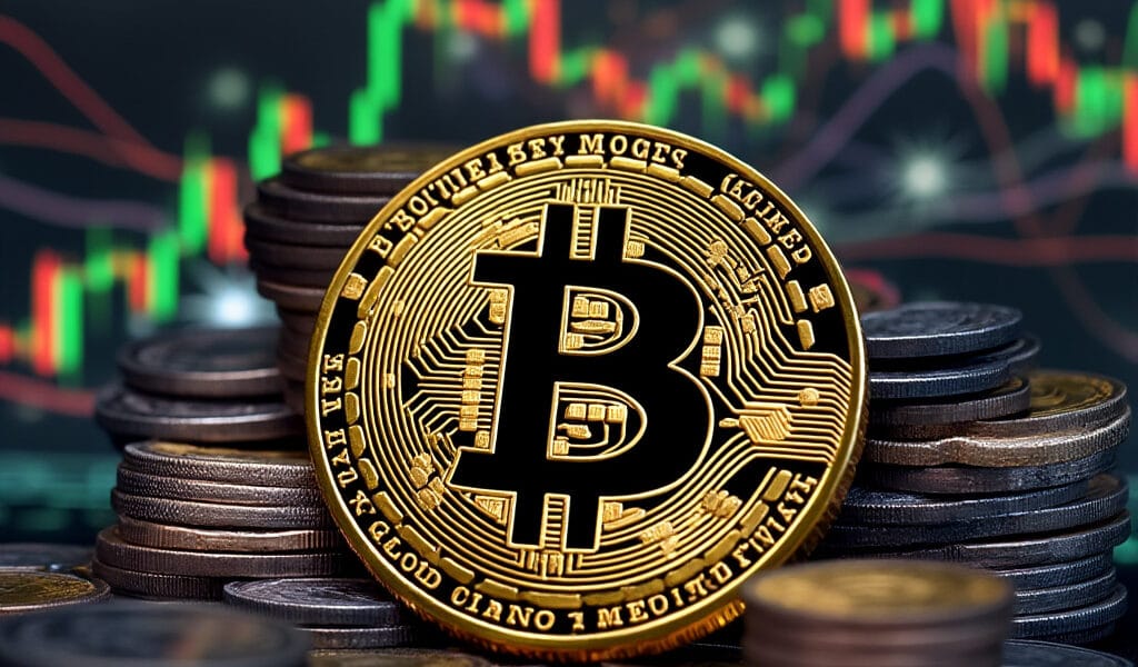 Denna bild visar Bitcoin-mynt framför en kryptovaluta-diagram. Centralt placerat symboliserar det digitala pengar och marknadstrender. Perfekt för artiklar om kryptovalutor eller investeringar. Nyckelord: Bitcoin, kryptovaluta, marknadstrender.Midcent - Ekonomi.