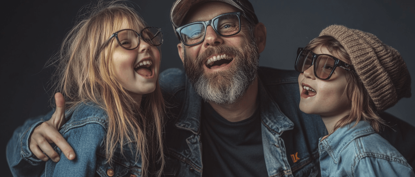 Glädje och gemenskap med Midcent. En man med skägg och keps omgiven av två skrattande barn i jeansjackor och glasögon. Perfekt för att illustrera familjelycka och sammanhållning. Kategori: Samhälle.