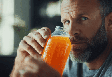 Midcent - En man med skägg granskar en flaska apelsinjuice. Bilden fångar ett ögonblick av koncentration och medveten hälsa. Kategori: Mat.