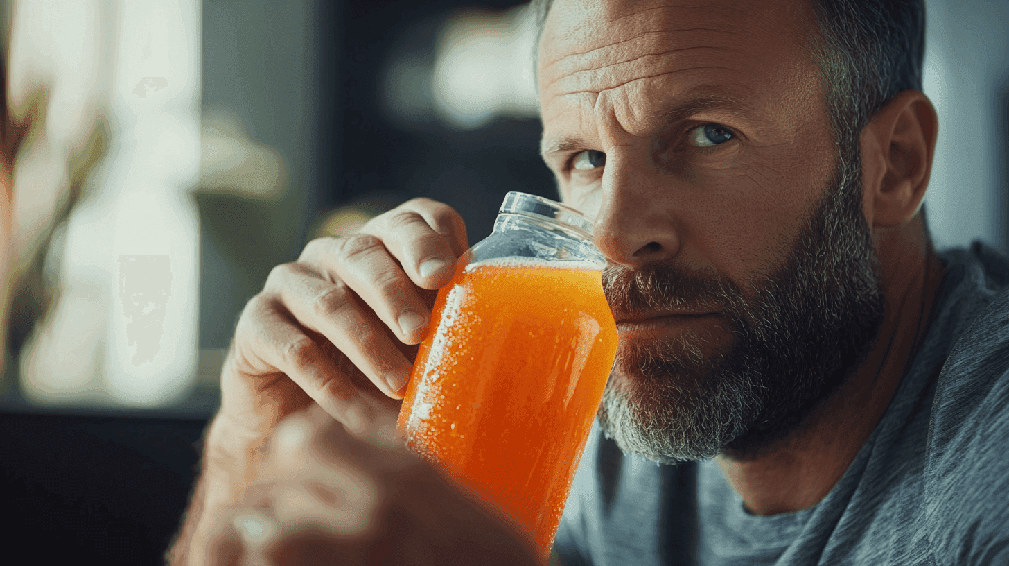 Midcent - En man med skägg granskar en flaska apelsinjuice. Bilden fångar ett ögonblick av koncentration och medveten hälsa. Kategori: Mat.