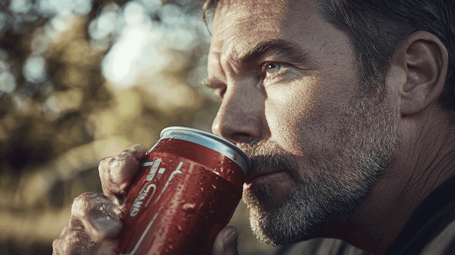 En man dricker en kall dryck från en röd burk utomhus. Solnedgångens ljus ger en avslappnad atmosfär. Detaljer som kondens på burken förhöjer känslan. Midcent. Kategori: Mat.