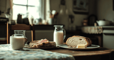 I en rustik miljö visar bilden ett lockande frukostbord med bröd, smör och mjölk i dämpat ljus. En perfekt start på dagen för den som älskar enkel matglädje. Midcent Mat.