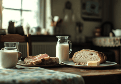 I en rustik miljö visar bilden ett lockande frukostbord med bröd, smör och mjölk i dämpat ljus. En perfekt start på dagen för den som älskar enkel matglädje. Midcent Mat.