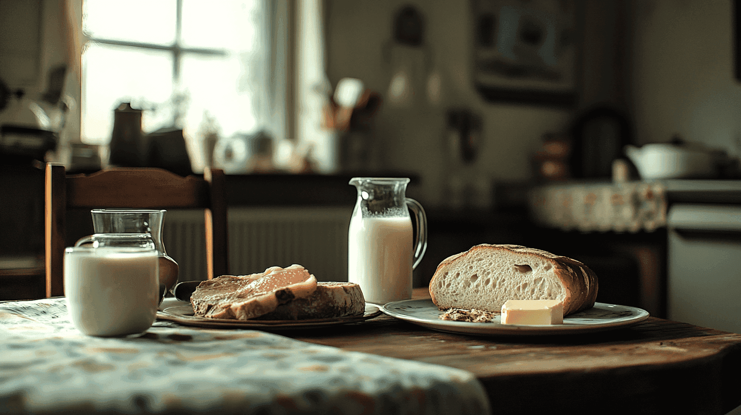 I en rustik miljö visar bilden ett lockande frukostbord med bröd, smör och mjölk i dämpat ljus. En perfekt start på dagen för den som älskar enkel matglädje. Midcent Mat.