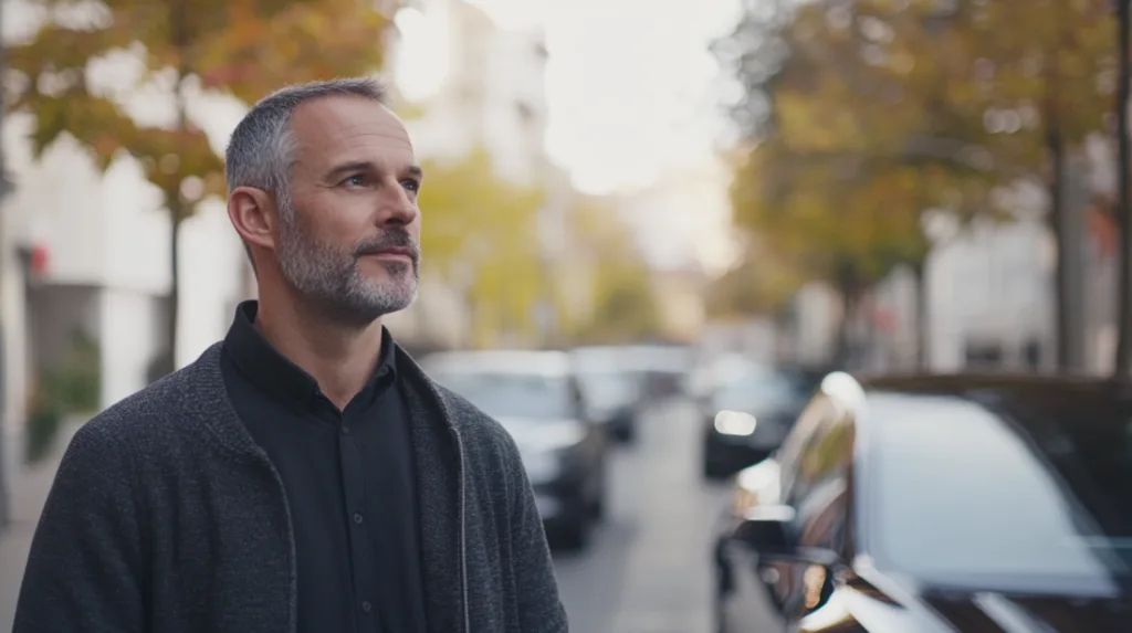 En man står avslappnad på en gata kantad av träd i höstens färger. Han ser nöjd och eftertänksam ut, vilket skapar en reflekterande atmosfär. Midcent - Samhälle.