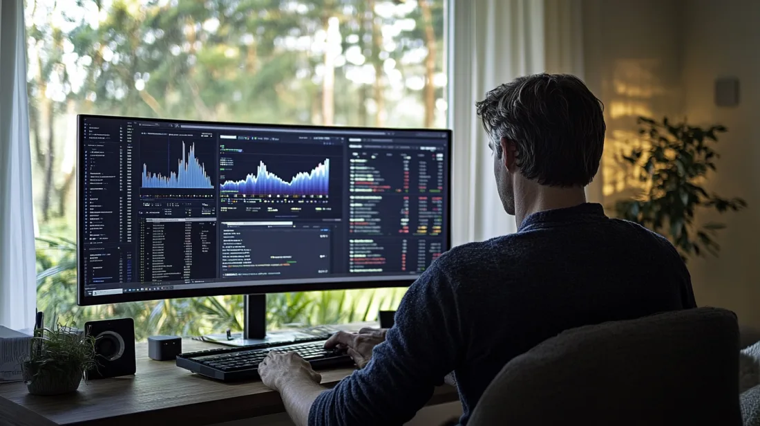 Midcent: En fokuserad person analyserar datadiagram på en modern datorskärm i en lugn hemmamiljö. Naturen utanför fönstret ger en balanserad atmosfär för arbete. Kategori: Ekonomi.