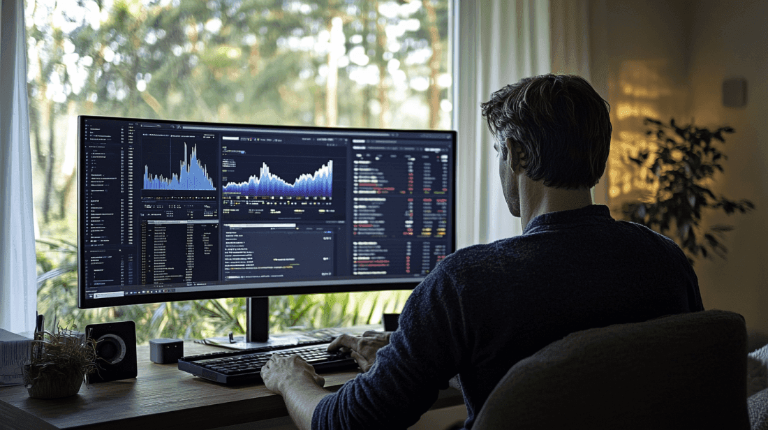 Midcent: En fokuserad person analyserar datadiagram på en modern datorskärm i en lugn hemmamiljö. Naturen utanför fönstret ger en balanserad atmosfär för arbete. Kategori: Ekonomi.