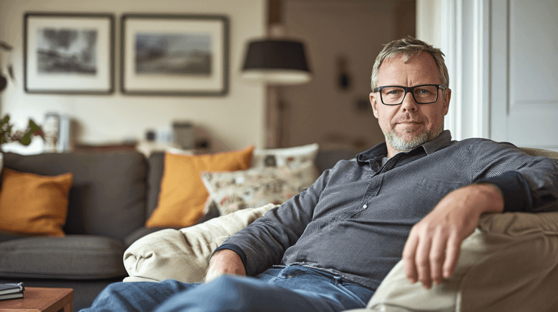 I bilden ser vi en man i sitt vardagsrum, sittandes bekvämt på en soffa med en avslappnad atmosfär omkring sig. Midcent. Samhälle.