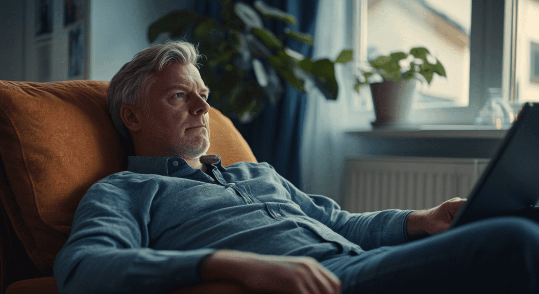 Midcent: En manlig person sitter avslappnat i en soffa bredvid ett fönster, kanske fördjupad i tankar eller arbete. Omgiven av krukväxter, vilket ger en harmonisk och lugn atmosfär. Kategori: Samhälle.