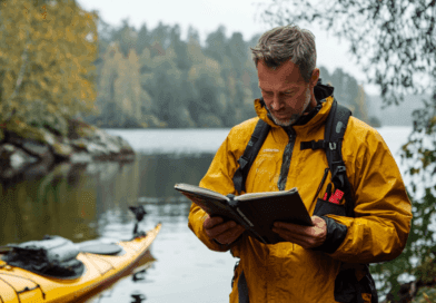 Man i gult regnjacka står vid en sjö och läser en karta med kajak bredvid sig. Natur och äventyrsmiljö omger honom. Perfekt för utforskare och friluftslivsentusiaster. Midcent – Resa.