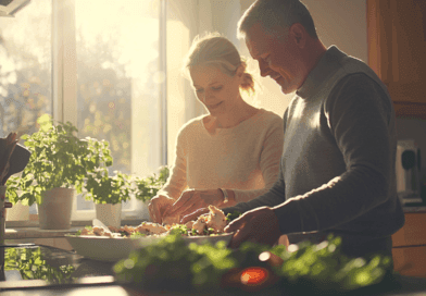 Midcent - Ett par som lagar mat tillsammans i ett solbelyst kök. De skär färska grönsaker och skrattar, omgivna av krukväxter och naturligt ljus. Hemtrevligt och harmoniskt. Kategori: Mat.