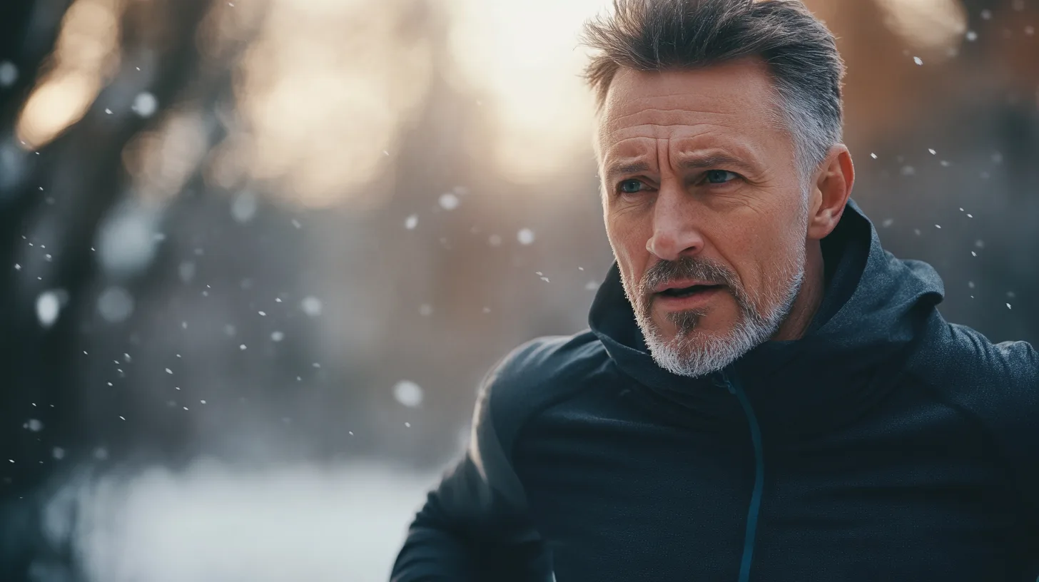 Midcent: En man klädd i en mörk träningsjacka springer genom ett vinterlandskap medan snön faller rund honom. En känsla av fokus och beslutsamhet präglar hans uttryck. Sport.